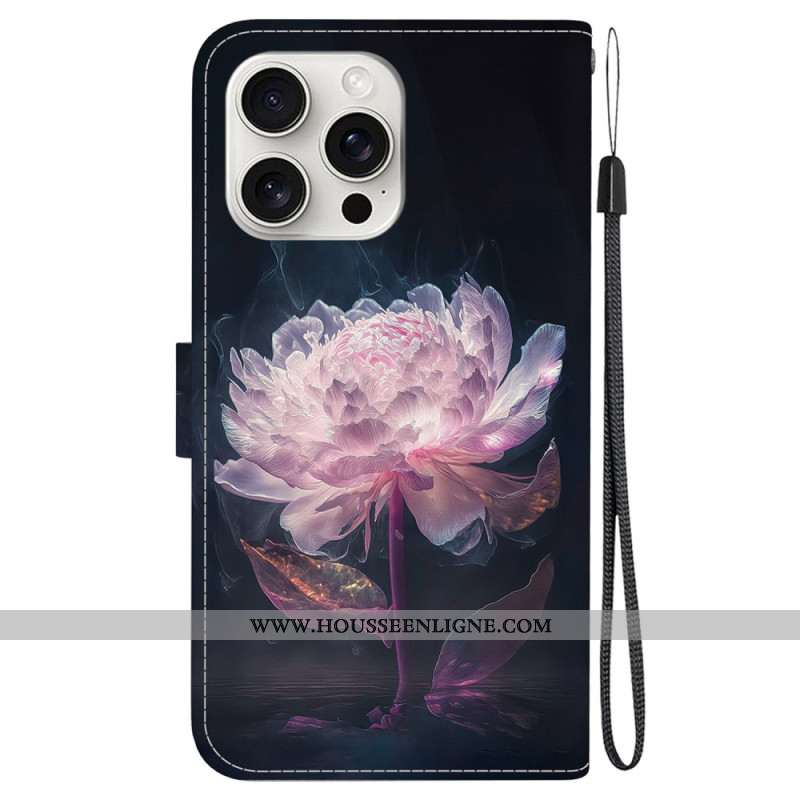 Housse iPhone 16 Pro Pivoine Pourpre à Lanière