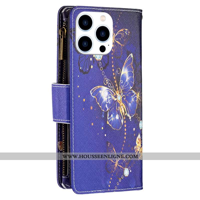 Housse iPhone 16 Pro Portefeuille Papillons Pourpres