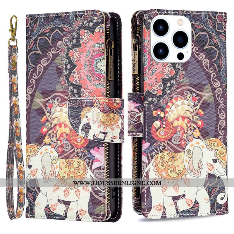 Housse iPhone 16 Pro Portefeuille Éléphant Tribal