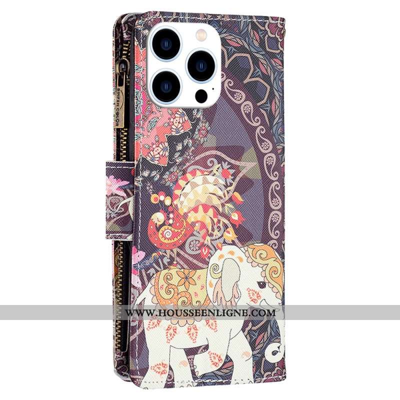 Housse iPhone 16 Pro Portefeuille Éléphant Tribal