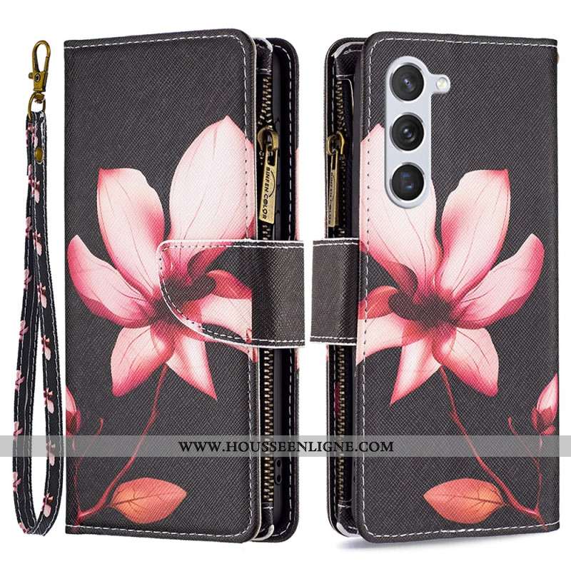 Housse pour Samsung Galaxy S24 5G Portefeuille Fleur Rose à Lanière