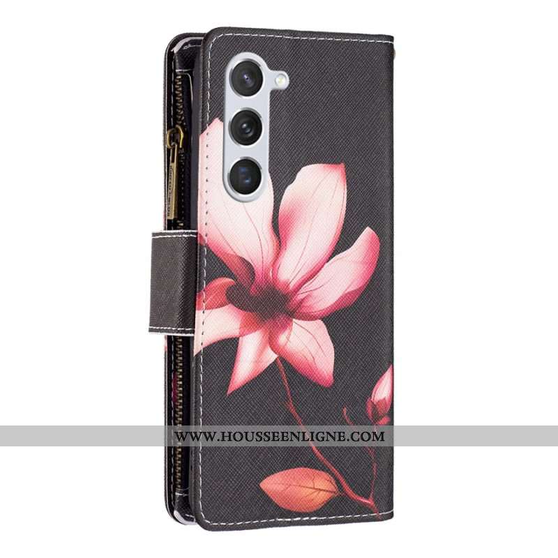 Housse pour Samsung Galaxy S24 5G Portefeuille Fleur Rose à Lanière