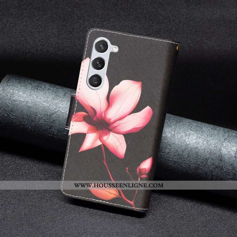 Housse pour Samsung Galaxy S24 5G Portefeuille Fleur Rose à Lanière