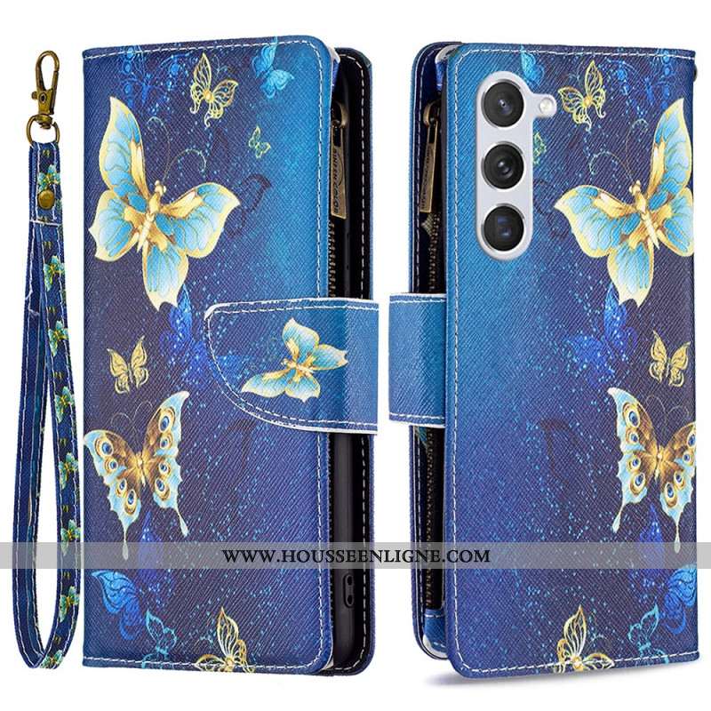 Housse pour Samsung Galaxy S24 5G Portefeuille Papillons Dorés à Lanière