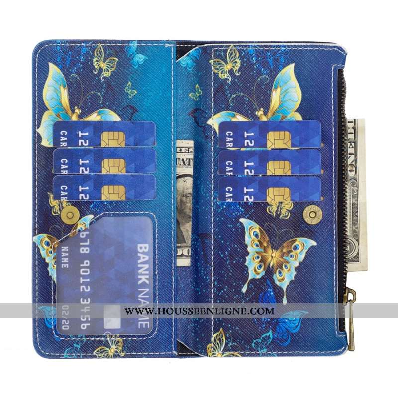 Housse pour Samsung Galaxy S24 5G Portefeuille Papillons Dorés à Lanière