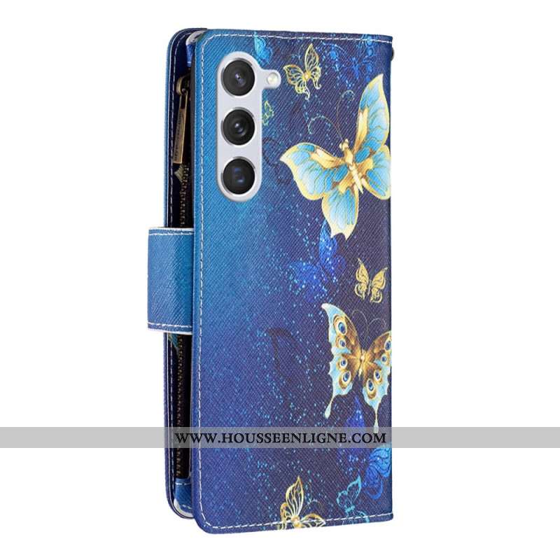 Housse pour Samsung Galaxy S24 5G Portefeuille Papillons Dorés à Lanière