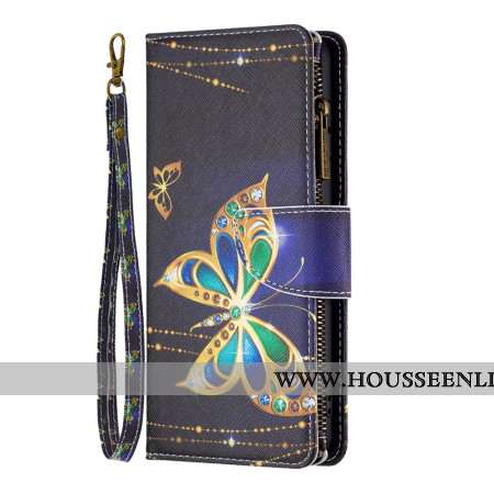 Housse pour Samsung Galaxy S24 5G Portefeuille Papillons Strass à Lanière