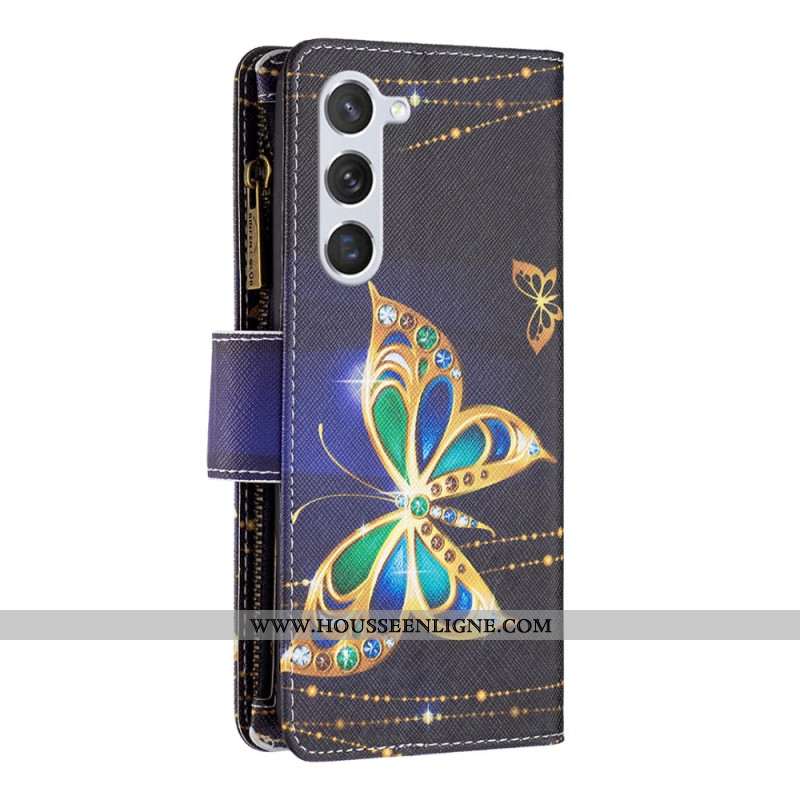 Housse pour Samsung Galaxy S24 5G Portefeuille Papillons Strass à Lanière