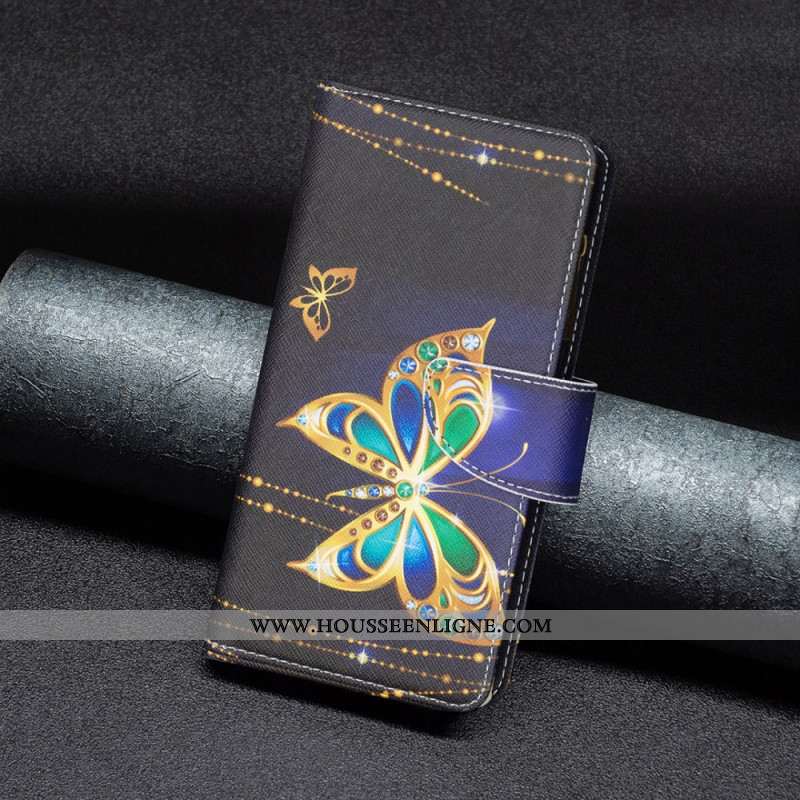 Housse pour Samsung Galaxy S24 5G Portefeuille Papillons Strass à Lanière